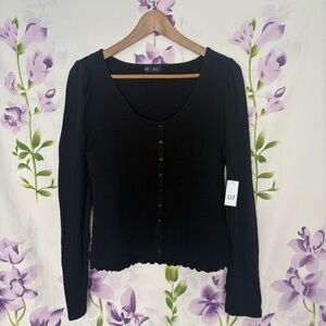NEW GAP Black Scoop Neck Smocked Button Long Sleeve Top